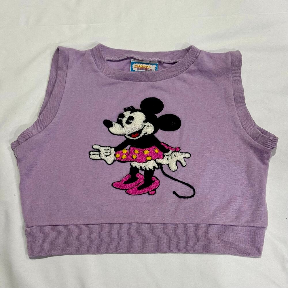 Vintage 80s Minnie Mouse Chenille Sweater Vest Lavender Micro Crop XS